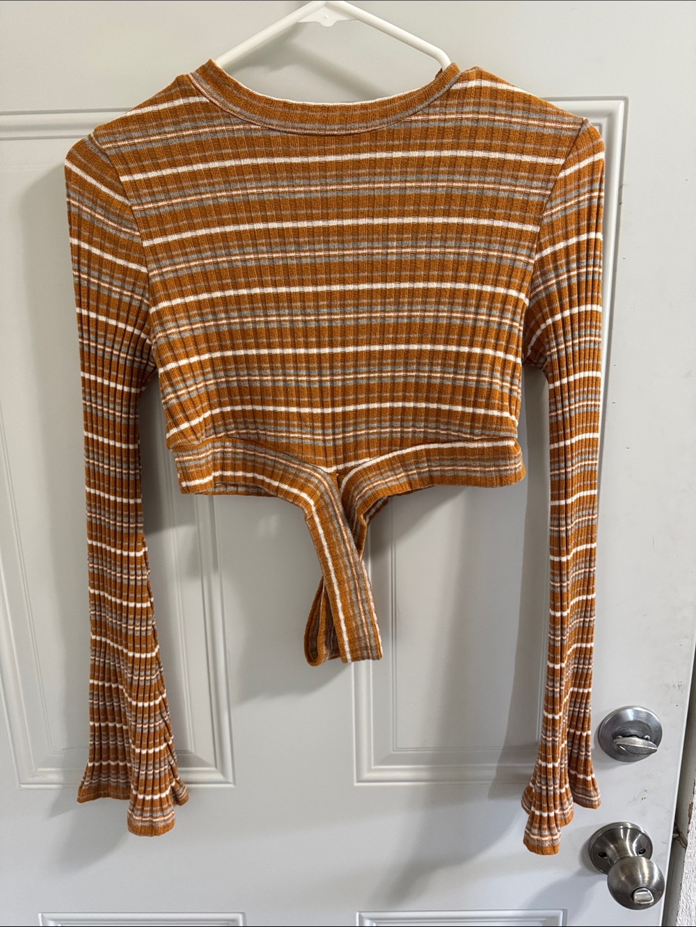 Striped Tie-Front Ribbed Crop Top in Mustard